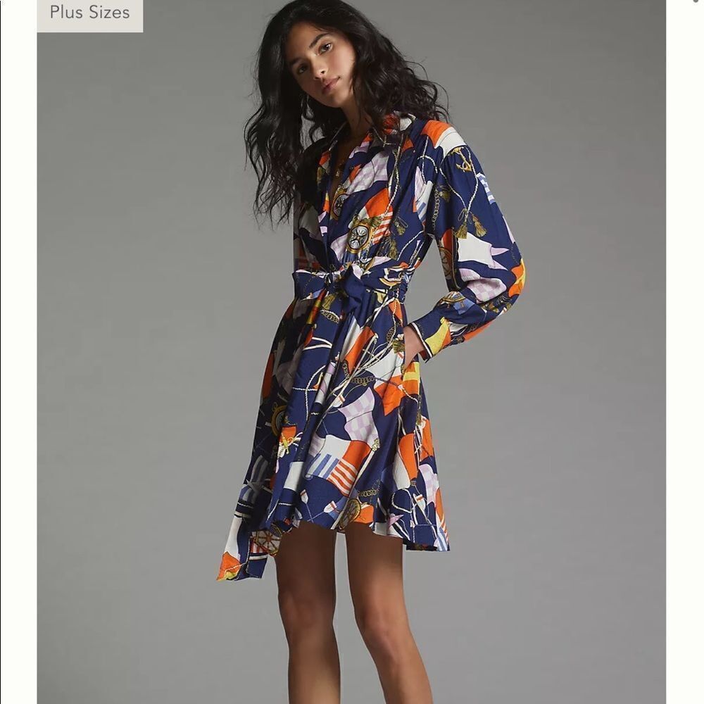 Anthropologie Navy Blue Floral-Print Long-Sleeve Wrap Dress